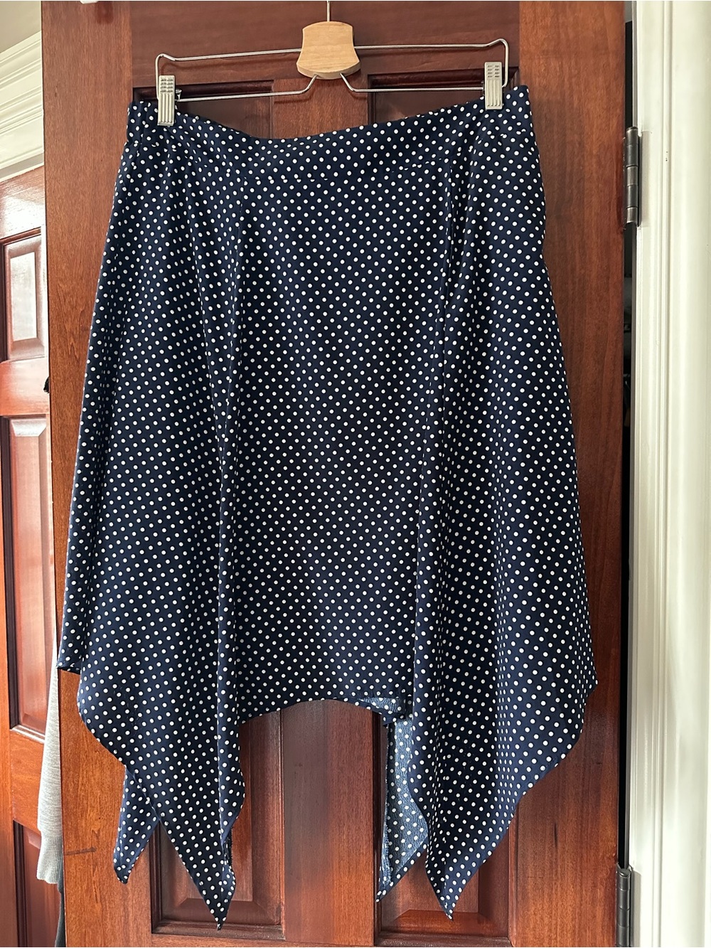 Elle Navy and White Polka Dot Asymmetrical crepe Handkerchief Hem Skirt size L